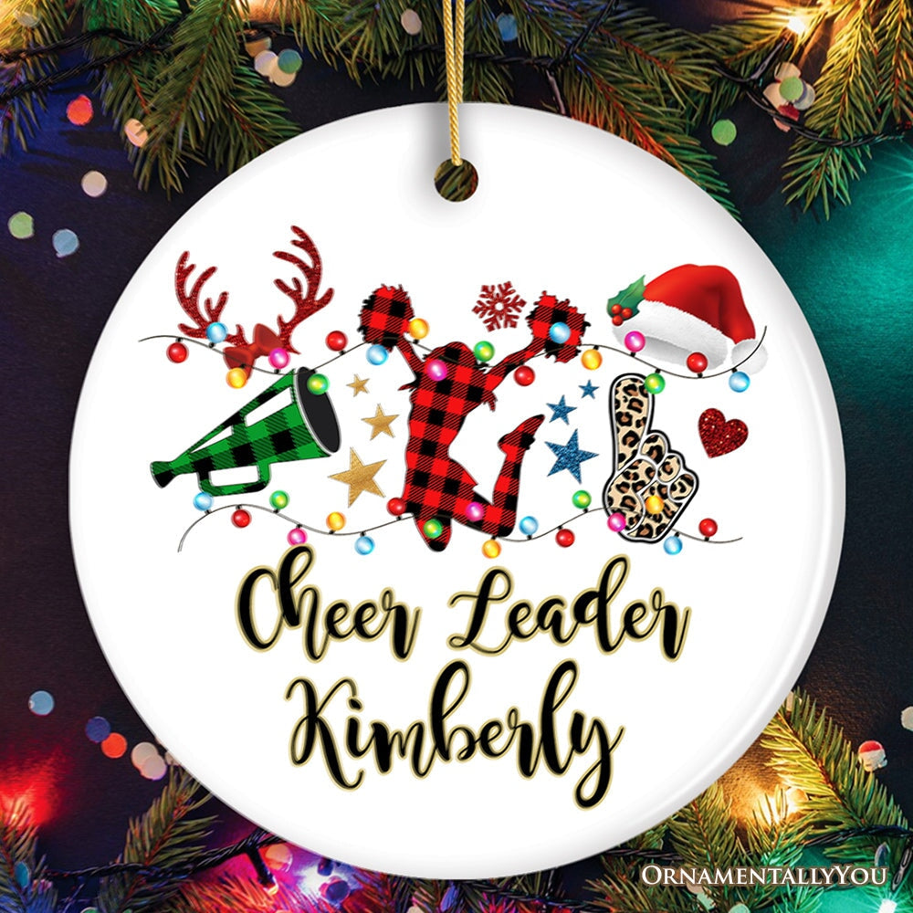 Personalized Cheer Buffalo Plaid Leopard Merry Christmas Ornament, Cheer Team or Coach Gift Ceramic Ornament OrnamentallyYou Circle 