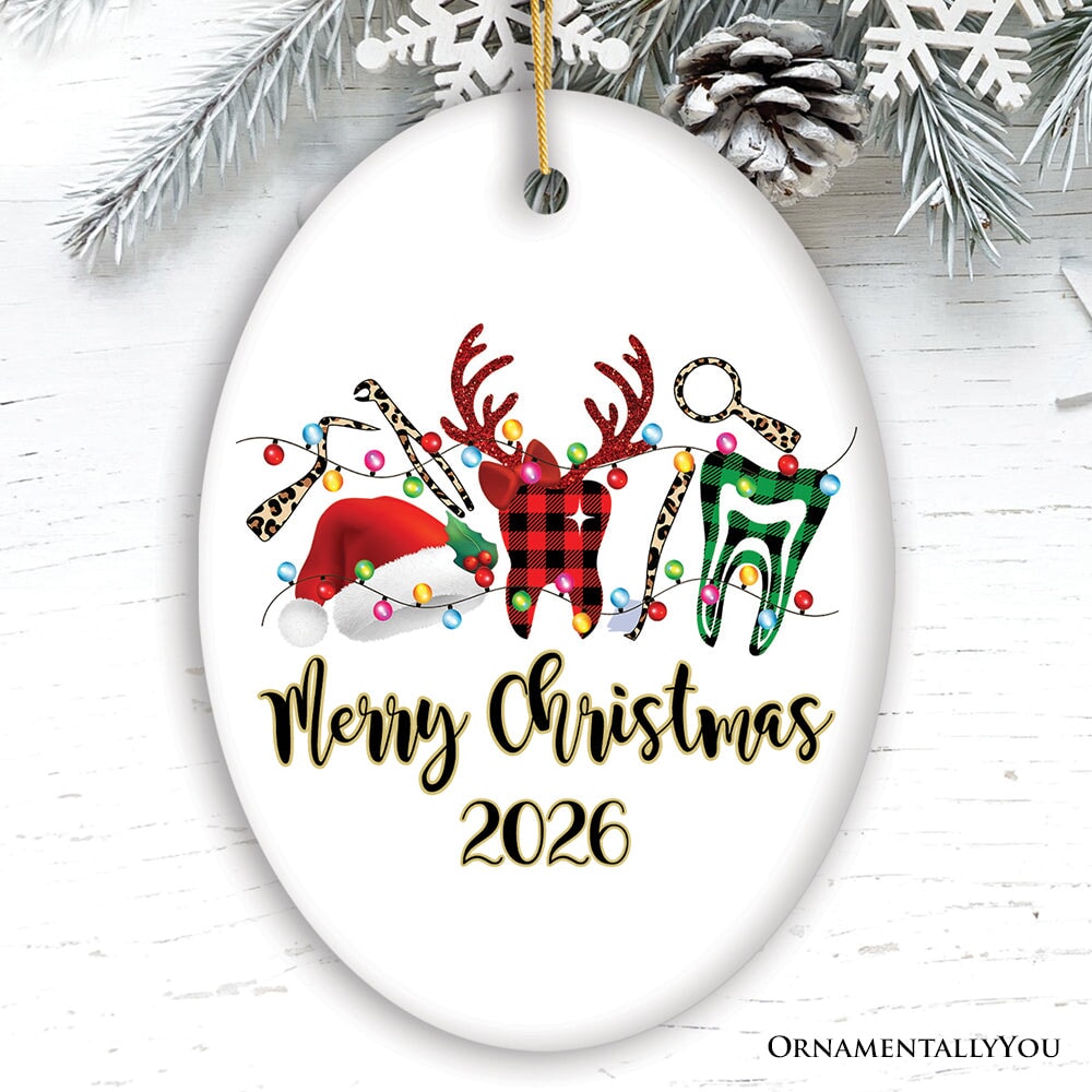 Personalized Dentist Buffalo Plaid Leopard Merry Christmas Ornament, Dental Gift Ceramic Ornament OrnamentallyYou Oval 