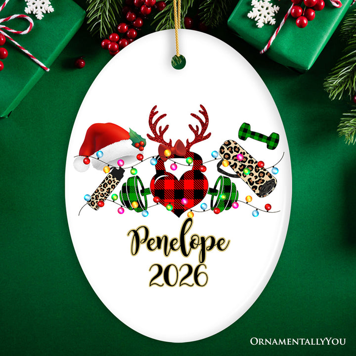 Personalized Gym Buffalo Plaid Leopard Merry Christmas Ornament, Personal Trainer Gift