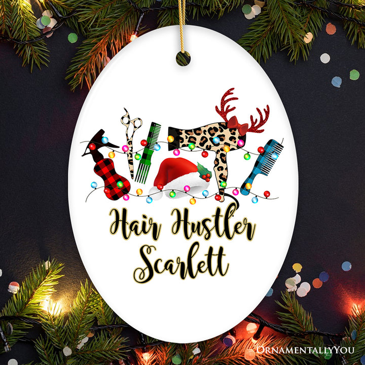 Personalized Hair Stylist Buffalo Plaid Leopard Merry Christmas Ornament, Hair Hustler Gift