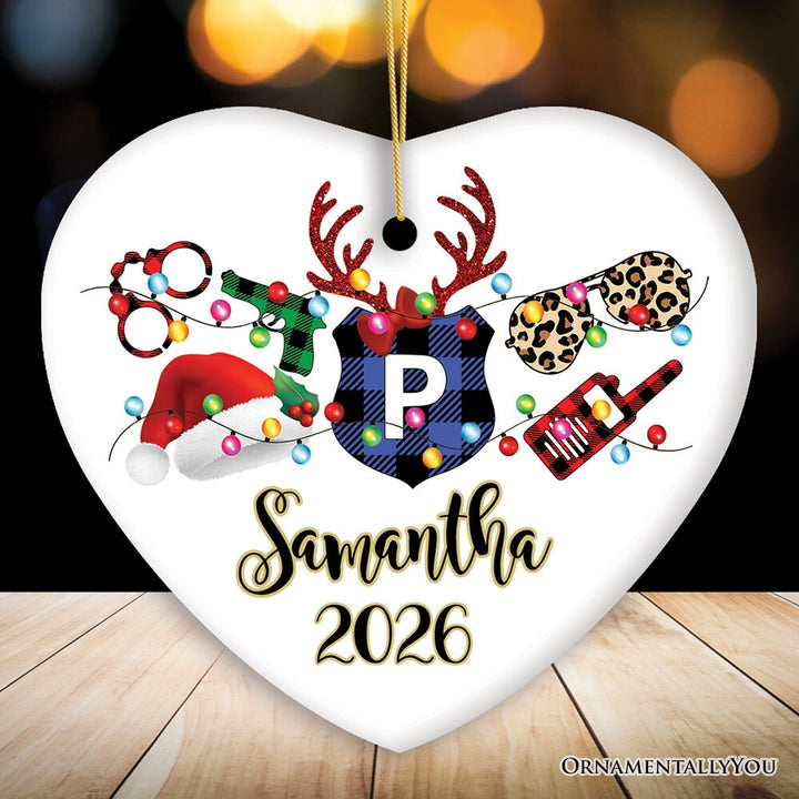 Personalized Merry Christmas Plaid Police Officer Christmas Ornament Ceramic Ornament OrnamentallyYou Heart 