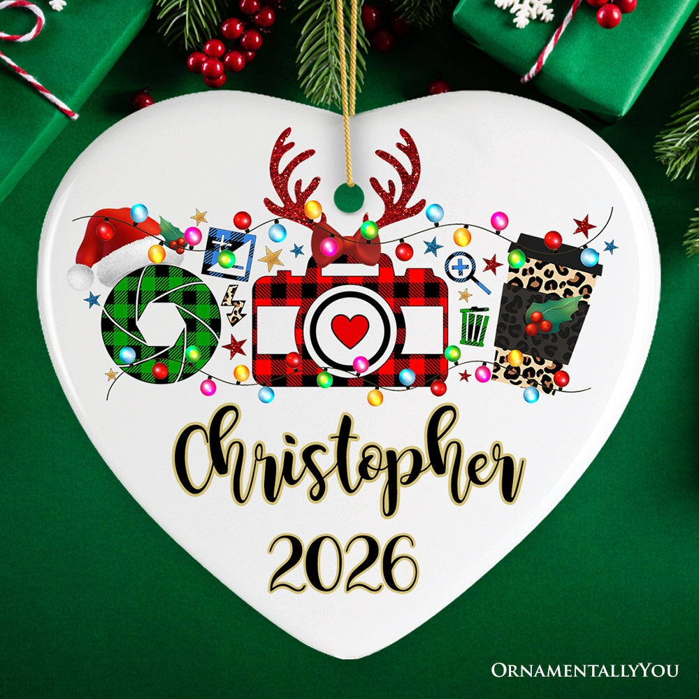 Personalized Photographer Buffalo Plaid Christmas Ornament, Photography Accessories like Camera, Holiday Gift Ceramic Ornament OrnamentallyYou Heart 