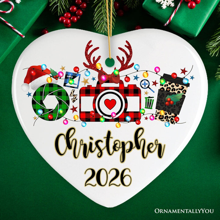 Personalized Photographer Buffalo Plaid Christmas Ornament, Photography Accessories like Camera, Holiday Gift Ceramic Ornament OrnamentallyYou Heart 