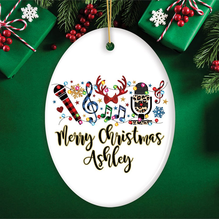 Personalized Singers Buffalo Plaid Leopard Merry Christmas Ornament, Microphone Gift Ceramic Ornament OrnamentallyYou Oval 