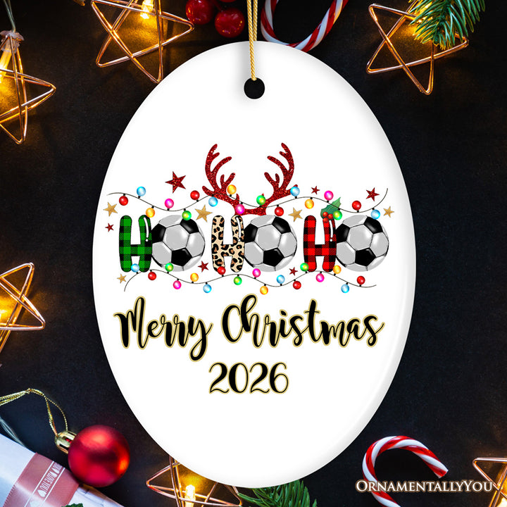 Personalized Soccer Buffalo Plaid and Leopard Christmas Ornament, Ho Ho Ho Football Gift