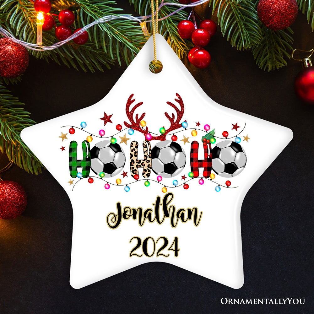 Personalized Soccer Buffalo Plaid and Leopard Christmas Ornament, Ho Ho Ho Football Gift