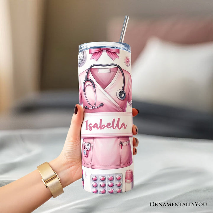 Pink Nurse Life 20oz Personalized Tumbler With Lid and Stainless Steel Straw, Medical Worker Appreciation Gift Cup Tumbler OrnamentallyYou 