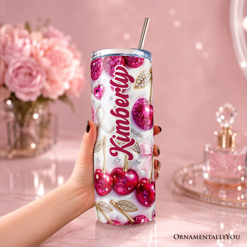 Pink Rhinestone Cherry Bow 20oz Personalized Tumbler With Lid and Stainless Steel Straw, Sparkly Valentine Coquette Gift Cup