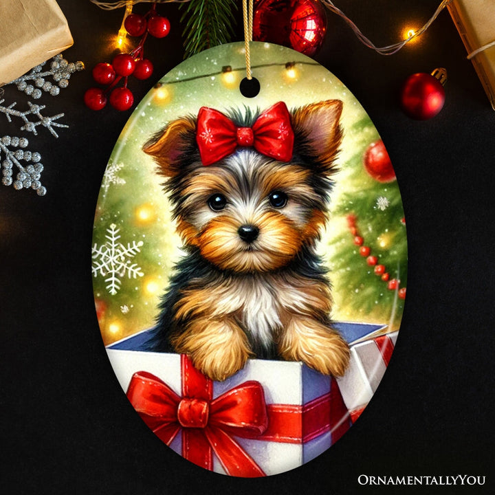 Precious Yorkshire Terrier Christmas Gift Ornament, Sweet Holiday Scene Decor Ceramic Ornament OrnamentallyYou 