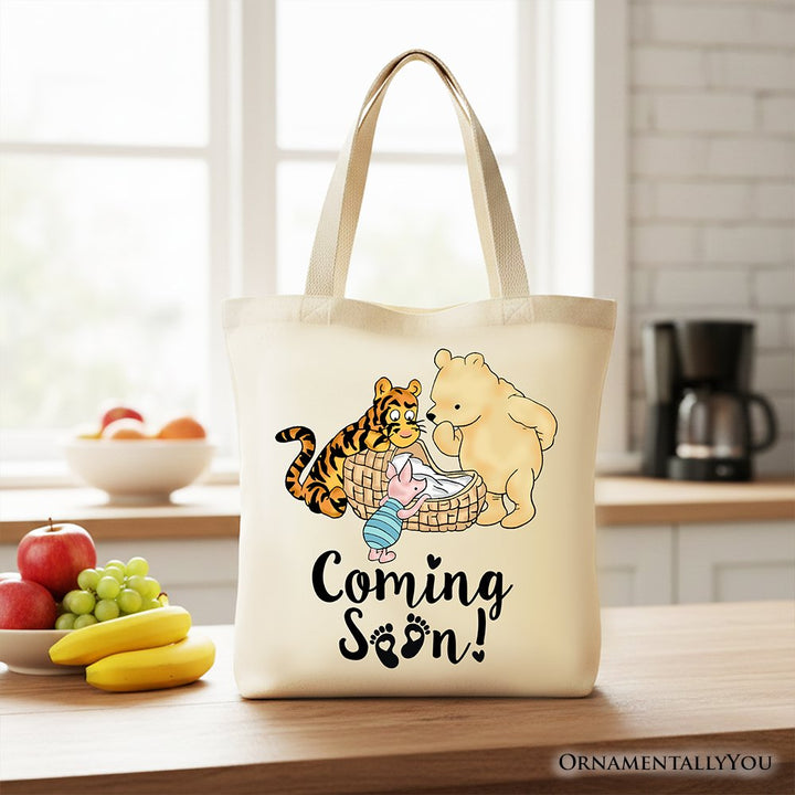 Pregnancy Announcement Winnie-the-Pooh Tote Bag 1926 A.A. Milne Baby Coming Soon Mom Gift Shopper Tote Bag OrnamentallyYou Beige 