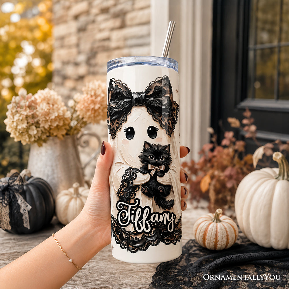 Preppy Ghost With Black Cat 20oz Personalized Tumbler With Lid and Stainless Steel Straw, Coquette Gothic Halloween Gift Cup