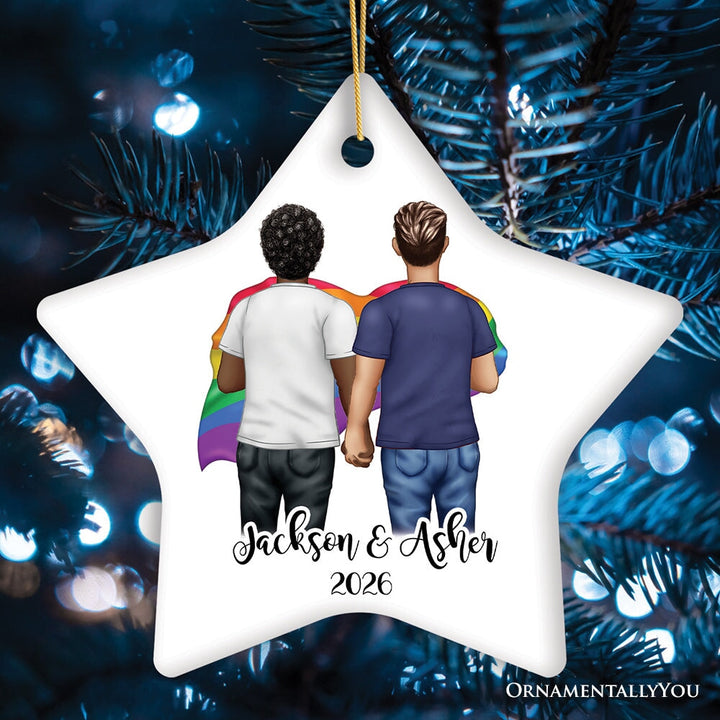 Pride Mens Couple Rainbow Flag Customized Christmas Ornament, LGBT and Gay Activism Ceramic Ornament OrnamentallyYou Star 