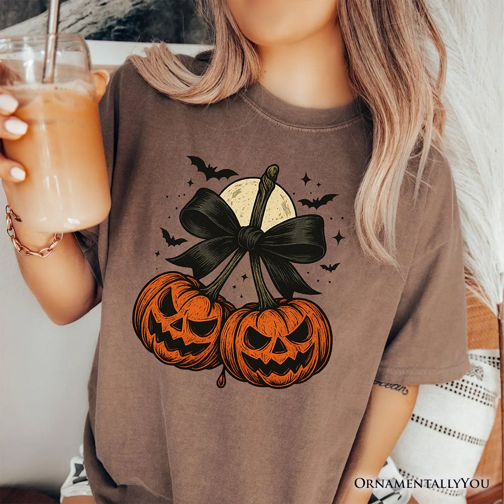 Pumpkin Cherries Coquette Bow T-Shirt, Retro Halloween Fall Season Tee for Sweet Autumn Girls T-Shirts OrnamentallyYou 