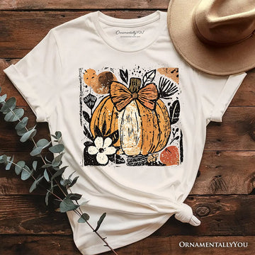 Pumpkin Fall Floral T-Shirt, Thanksgiving Coquette Bow Tee T-Shirts OrnamentallyYou Natural XS 