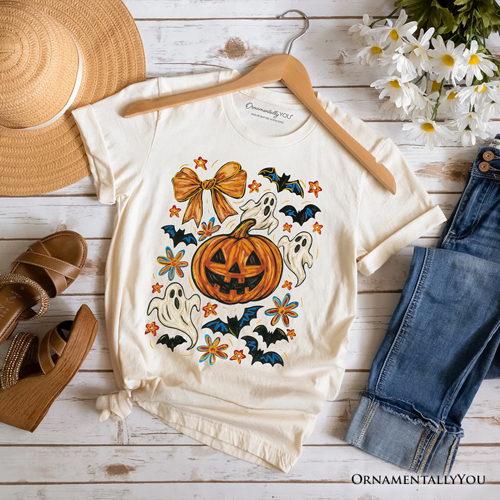 Pumpkin Ghosts Coquette Bow T-Shirt, Retro Fall Spooky Tee for Cute Trick-or-Treaters