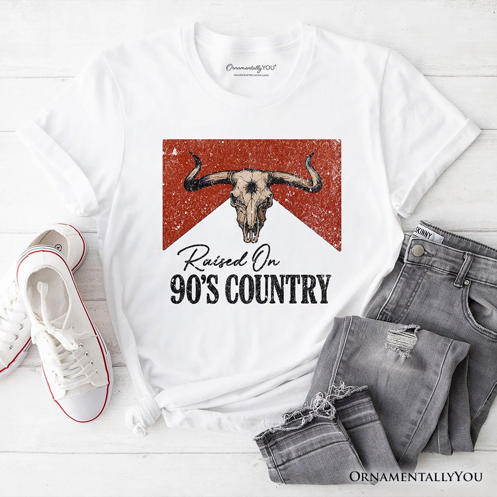 Raised On 90s Country T-Shirt, Vintage Bull Skull Tee T-Shirts OrnamentallyYou White XS 