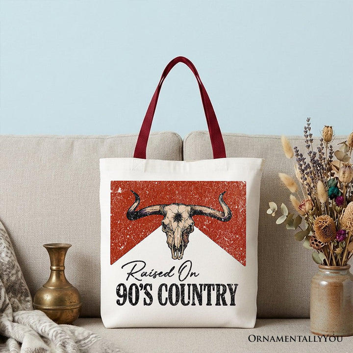 Raised On 90s Country Tote Bag, Vintage Bull Skull Gift Shopper Tote Bag OrnamentallyYou Red Handle 