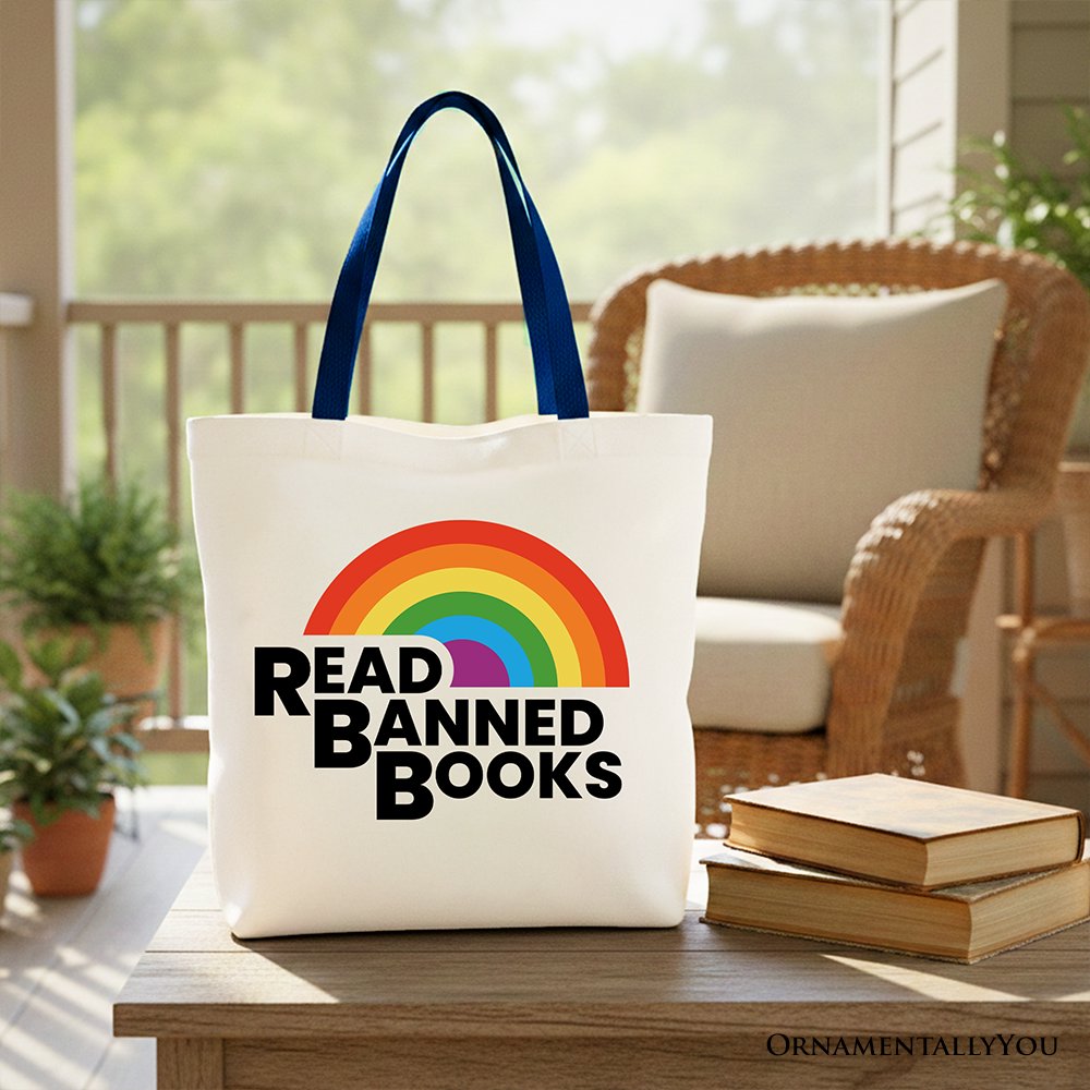 Read Banned Books Rainbow Canvas Tote Bag, Book Lover Gift Shopper Tote Bag OrnamentallyYou Navy Handle 