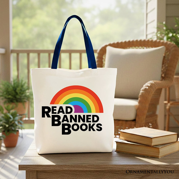 Read Banned Books Rainbow Canvas Tote Bag, Book Lover Gift Shopper Tote Bag OrnamentallyYou Navy Handle 