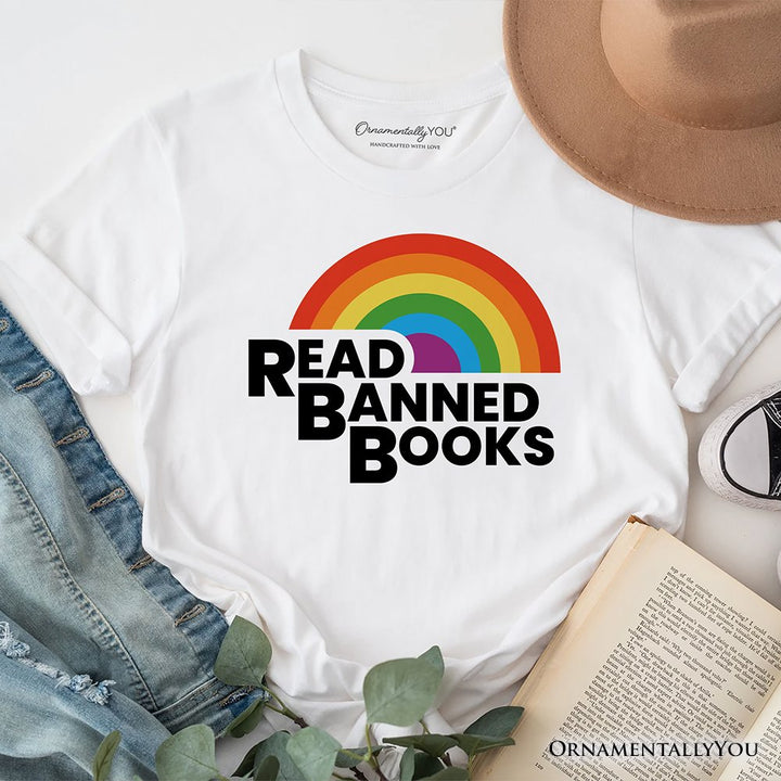 Read Banned Books Rainbow Retro T-Shirt, Bookish Freedom Tee T-Shirts OrnamentallyYou White XS 