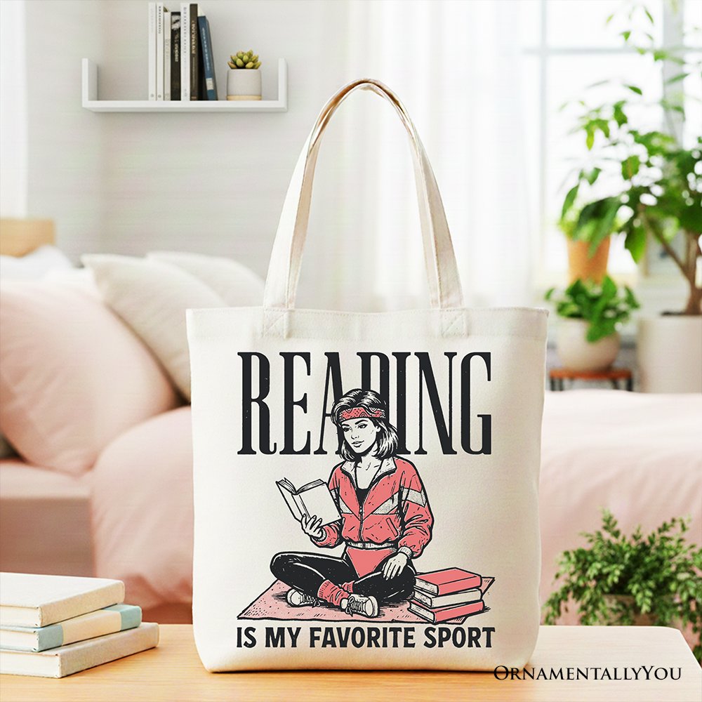 Reading Is My Favorite Sport Bookworm Canvas Tote Bag, Retro Bibliophile Gift Shopper Tote Bag OrnamentallyYou White 