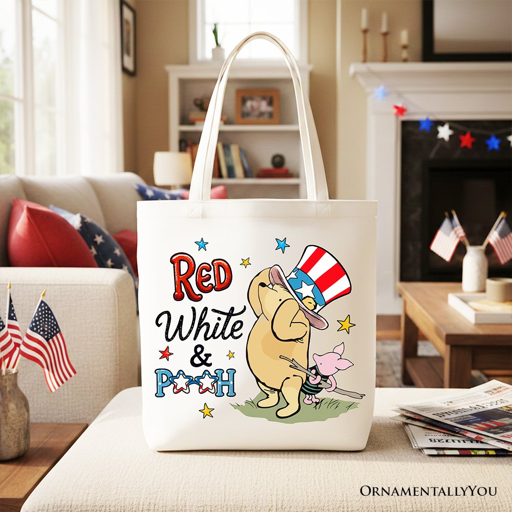 Red White & Proud Winnie-the-Pooh Tote Bag, 1926 A.A. Milne Patriotic 4th of July Gift Shopper Tote Bag OrnamentallyYou White 