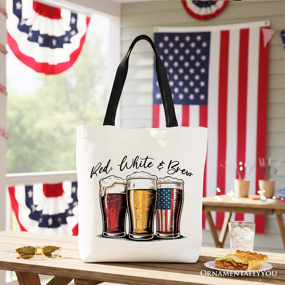 Red White and Brew Beer American Tote Bag, Patriotic USA 4th of July Gift Shopper Tote Bag OrnamentallyYou Black Handle 