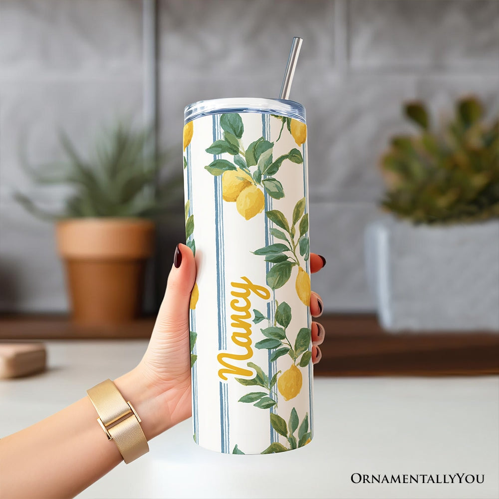 Refreshing Lemon Branches 20oz Personalized Tumbler With Lid and Stainless Steel Straw, Summer Citrus Pattern Gift Cup Tumbler OrnamentallyYou 