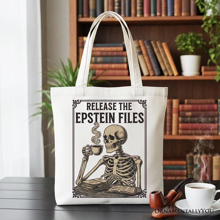 Release the Epstein Files Skeleton Canvas Tote Bag, Dark Humor Transparency Protest Gift Shopper OrnamentallyYou White 