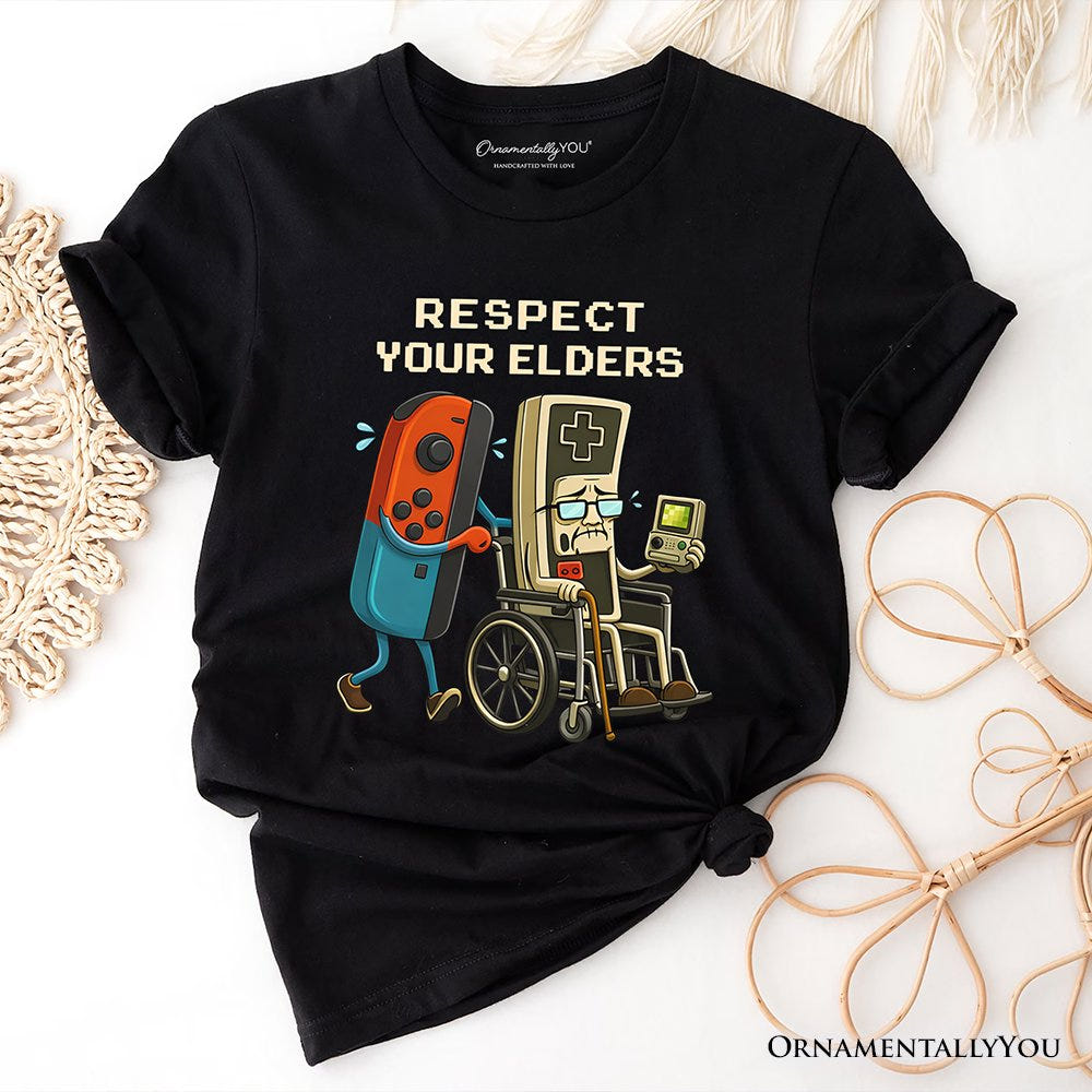 Respect Your Elders Gaming Controller T-Shirt, Old School Gamer Humor Tee T-Shirts OrnamentallyYou Black XS 
