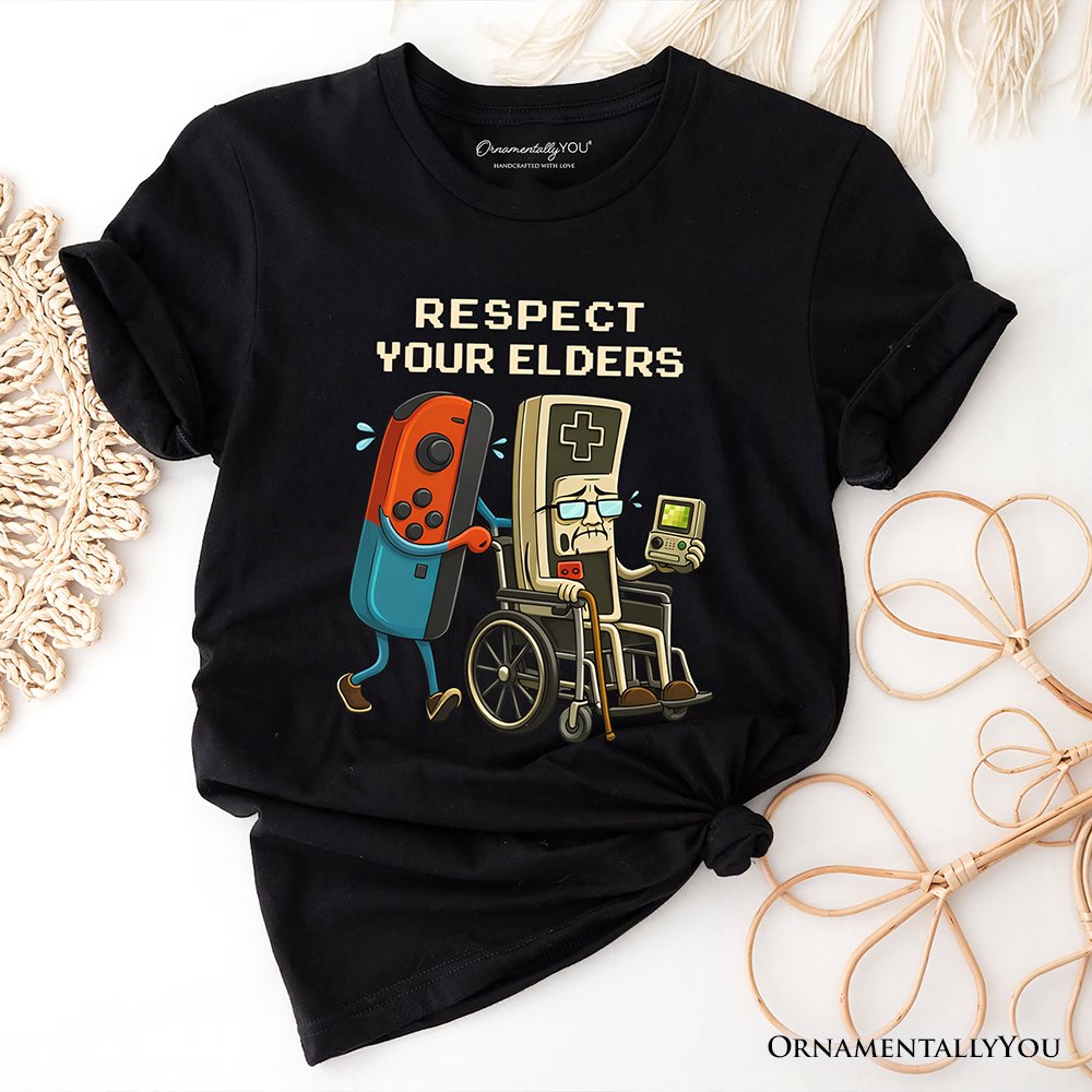 Respect Your Elders Gaming Controller T-Shirt, Old School Gamer Humor Tee T-Shirts OrnamentallyYou Black XS 