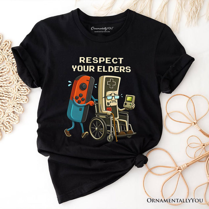 Respect Your Elders Gaming Controller T-Shirt, Old School Gamer Humor Tee T-Shirts OrnamentallyYou Black XS 