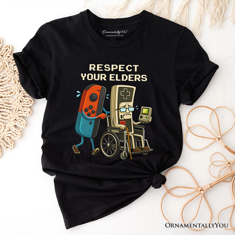 Respect Your Elders Gaming Controller T-Shirt, Old School Gamer Humor Tee