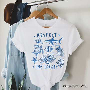 Respect the Locals Ocean Animals T-Shirt, Cute White and Natural Vacation Tee T-Shirts OrnamentallyYou White XS 