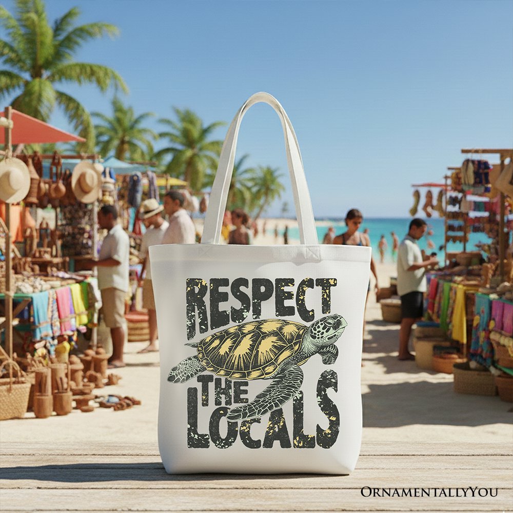 Respect the Locals Turtles Canvas Tote Bag, Retro Grunge Gift for Ocean and Beach Lovers Tote Bag OrnamentallyYou White 