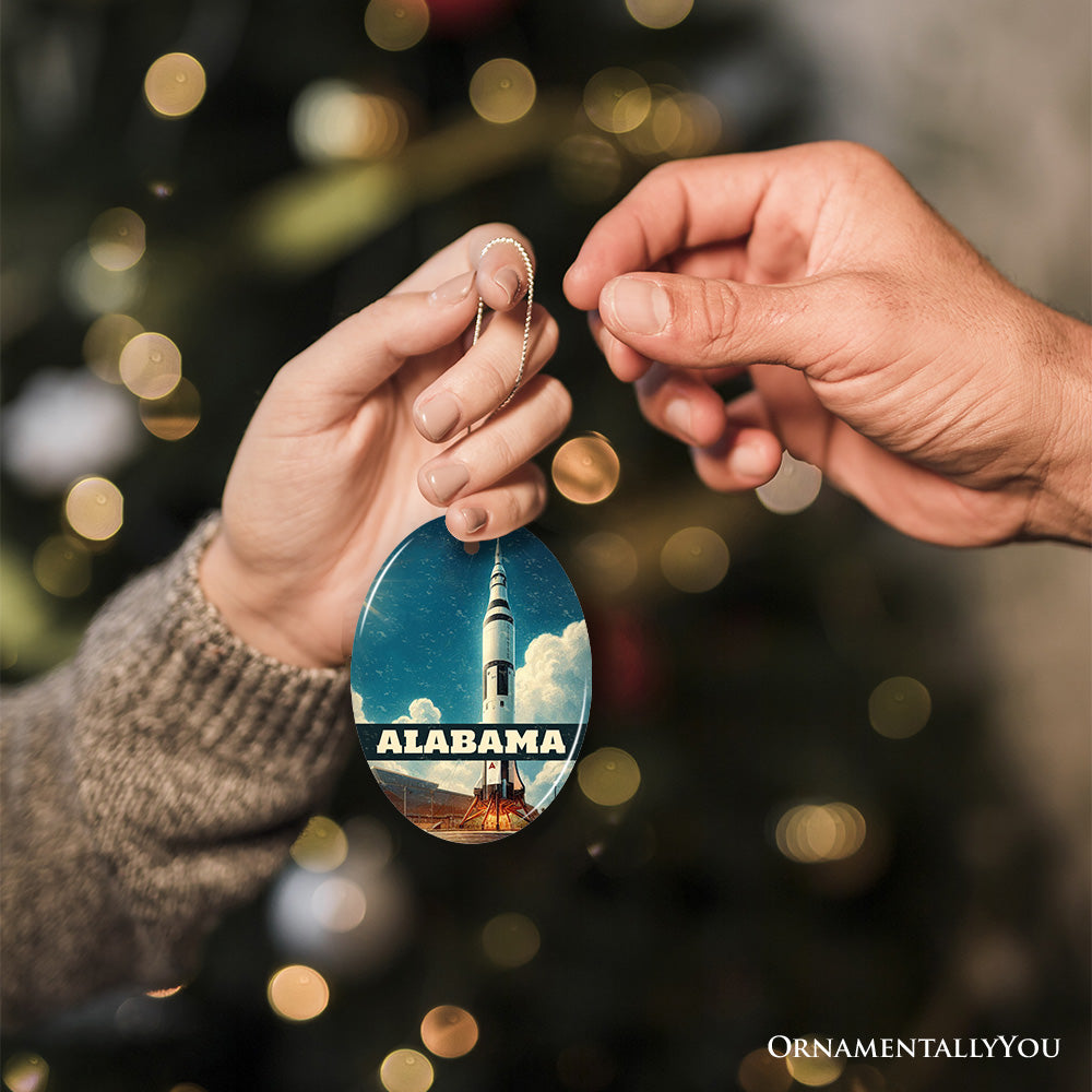 Retro Alabama Rocket Launch Ornament, NASA Space Center Christmas Gift and Huntsville Souvenir