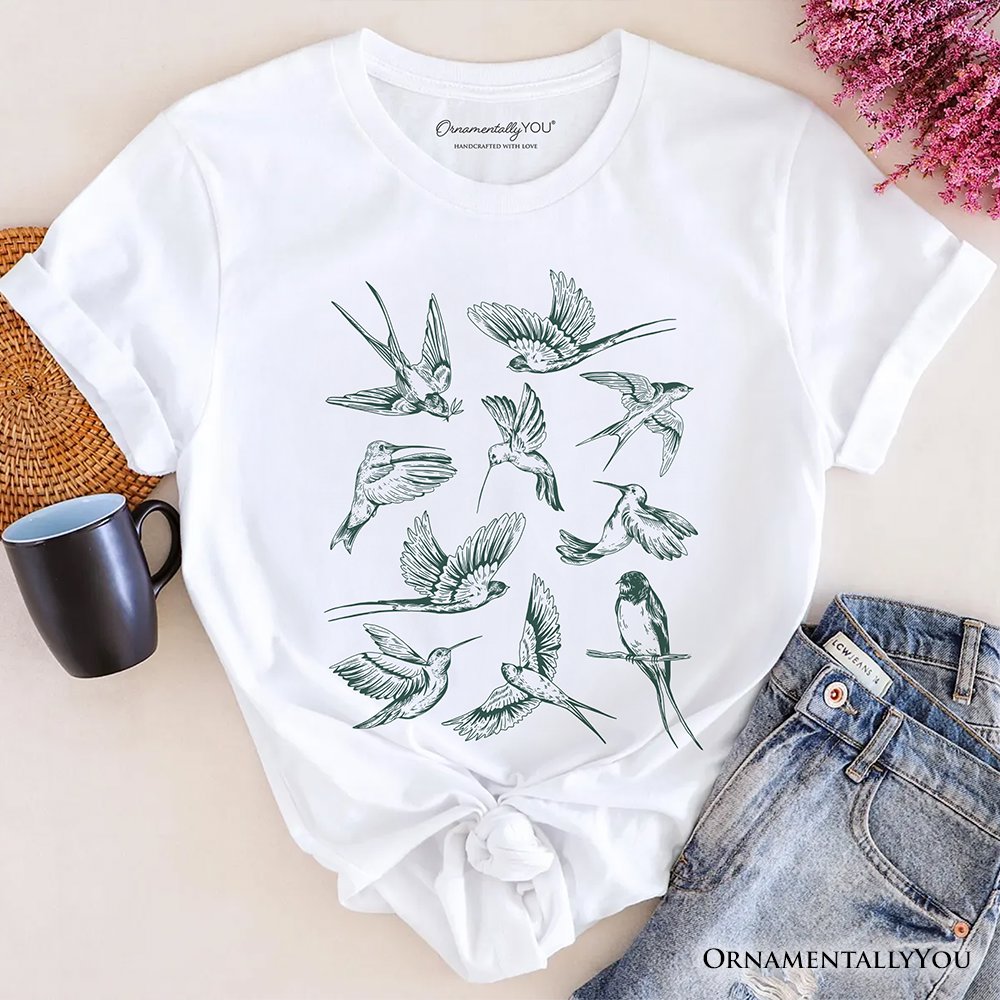 Retro Birds Nature T-Shirt, Vintage Green Bird Illustration Tee T-Shirts OrnamentallyYou White XS 