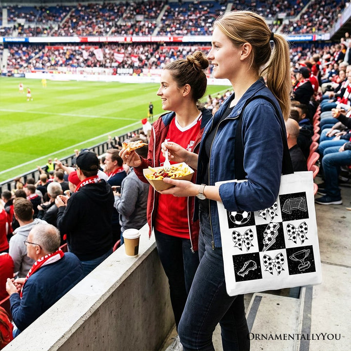 Retro Checkered Soccer Tote Bag, Coquette Bow Game Day Gift Shopper Tote Bag OrnamentallyYou 