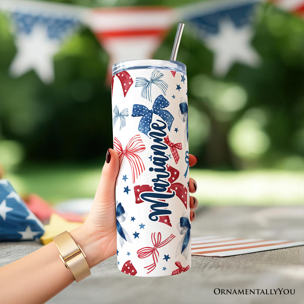 Retro Coquette America 1776 Floral 20oz Personalized Tumbler With Lid and Stainless Steel Straw, Land of the Free Patriotic Gift Cup
