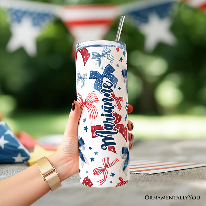 Retro Coquette America 1776 Floral 20oz Personalized Tumbler With Lid and Stainless Steel Straw, Land of the Free Patriotic Gift Cup