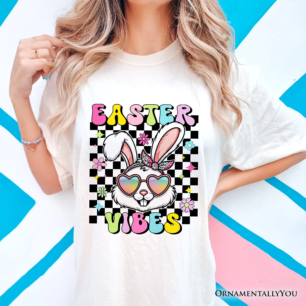 Retro Easter Bunny Sunglasses T-Shirt, Groovy Checkered Tee