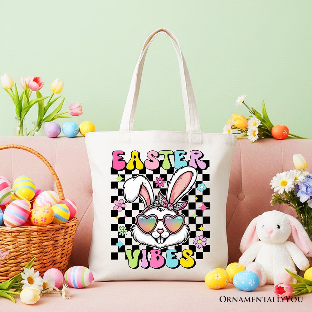 Retro Easter Bunny Sunglasses Tote Bag, Groovy Checkered Gift Shopper Tote Bag OrnamentallyYou White 
