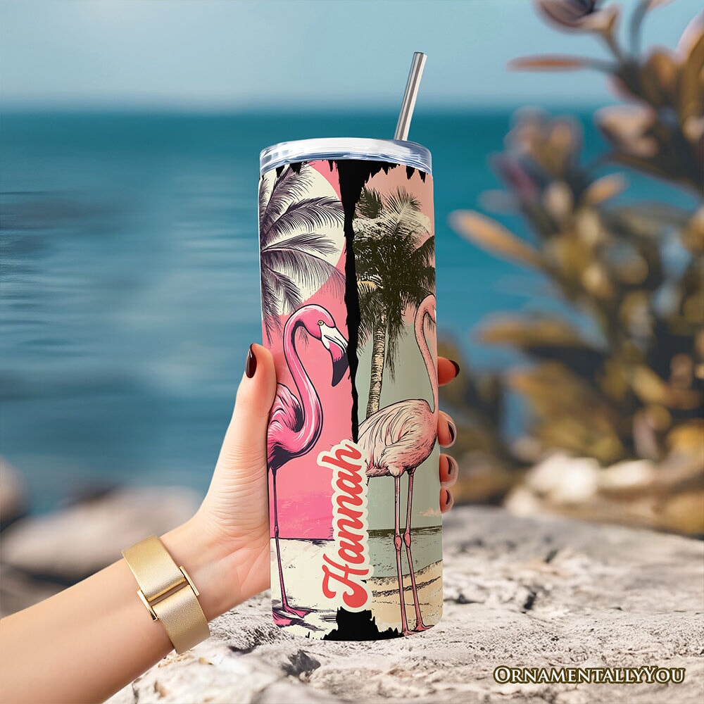 Retro Flamingo Beach 20oz Personalized Tumbler With Lid and Stainless Steel Straw, Summer Vacation Sunset Gift Cup Tumbler OrnamentallyYou 