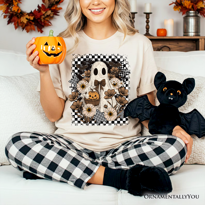 Retro Ghost Floral Halloween T-Shirt, Spooky Vintage Checkered Tee