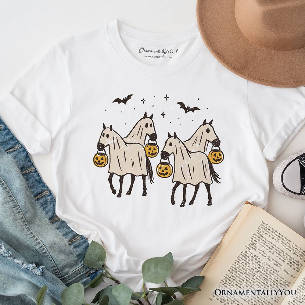 Retro Halloween Horse Ghosts T-Shirt, Cute Western Tee with Spooky Vibes T-Shirts OrnamentallyYou White XS 