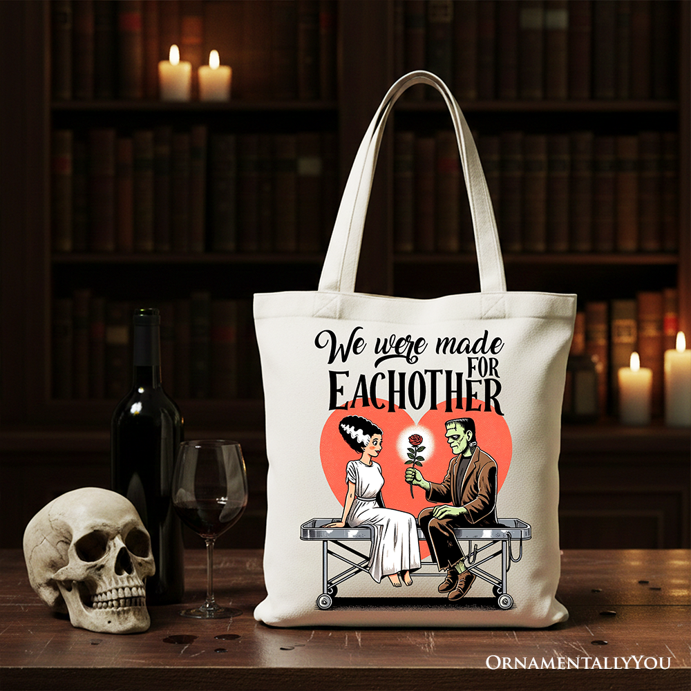Romantic Frankenstein and Bride Canvas Tote Bag, We Were Made for Each Other Gift Bag for Spooky Couples