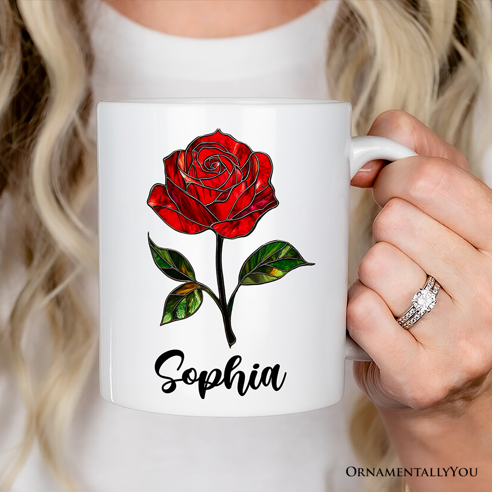 Rose Stained Glass Personalized Mug, Love Blooms Like a Rose Custom Name Gift