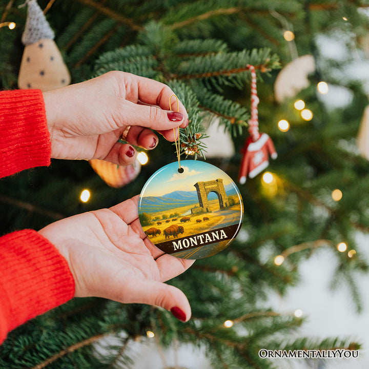 Rustic Montana Wildlife and Landmark Ornament, Yellowstone Entrance Christmas Gift and Western Prairie Souvenir