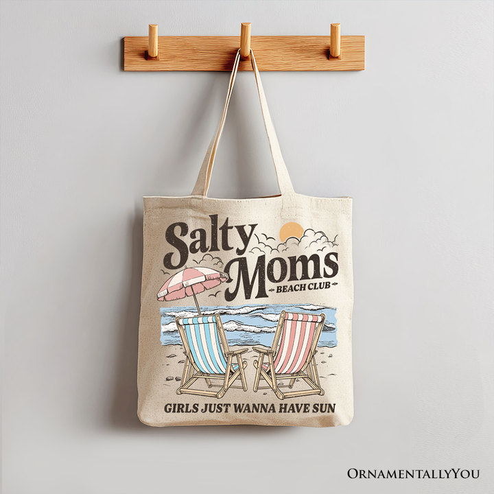 Salty Moms Beach Club Canvas Tote Bag, Retro Summer Gift for Ocean Loving Mothers