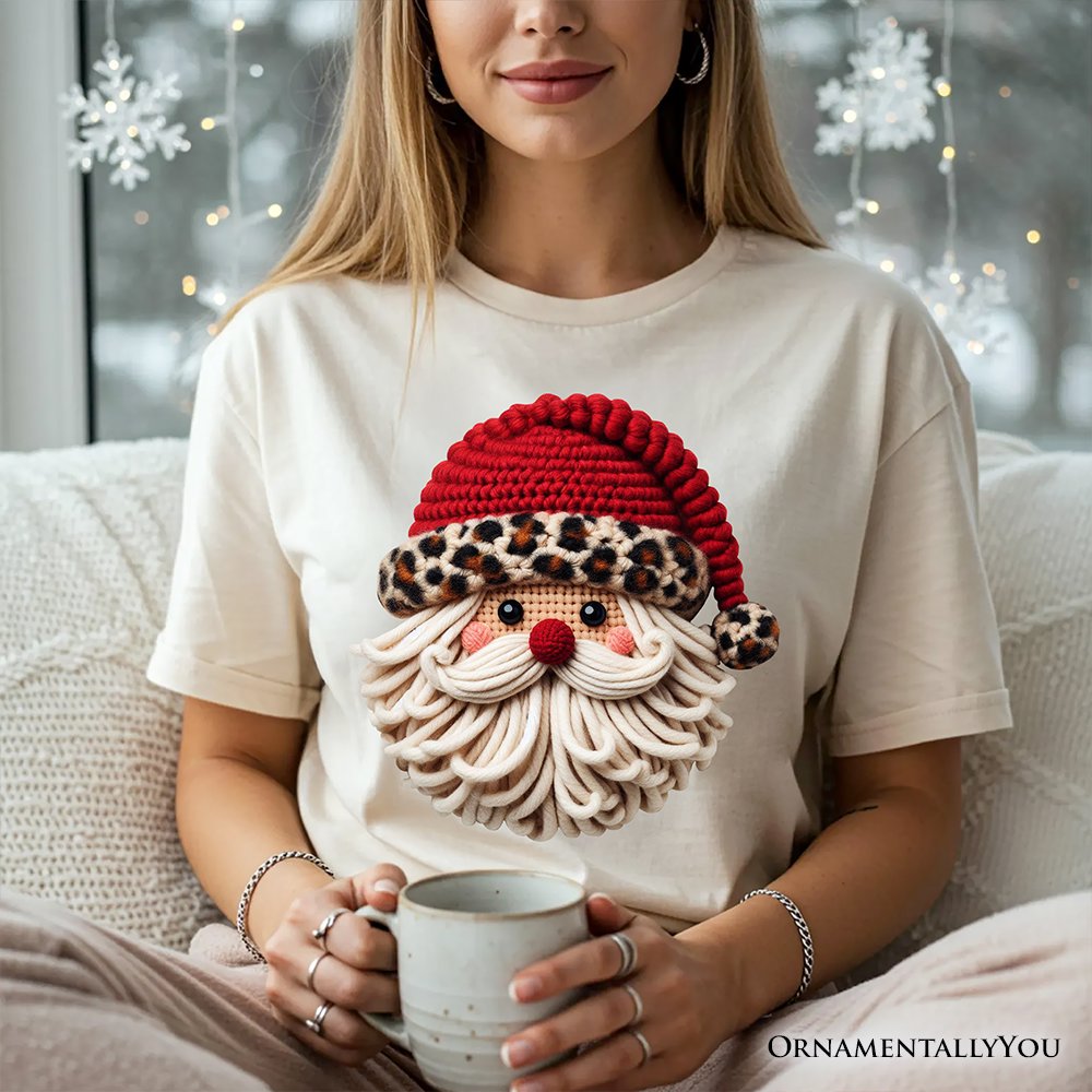 Santa Leopard Hat Christmas T-Shirt, Imitation Latch Hook Yarn Cozy Tee T-Shirts OrnamentallyYou 